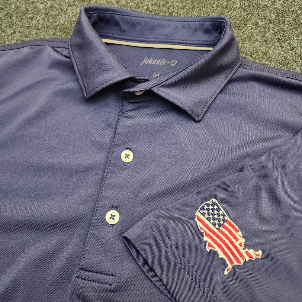 Johnnie-O Polo Shirt Mens Medium Blue USA Flag Patriotic Embroidered Golf Casual